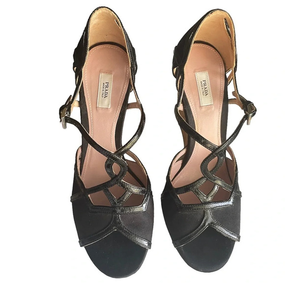 PRADA Black Satin Concho Wedges Sandals Size 5.5 - Picture 10 of 10